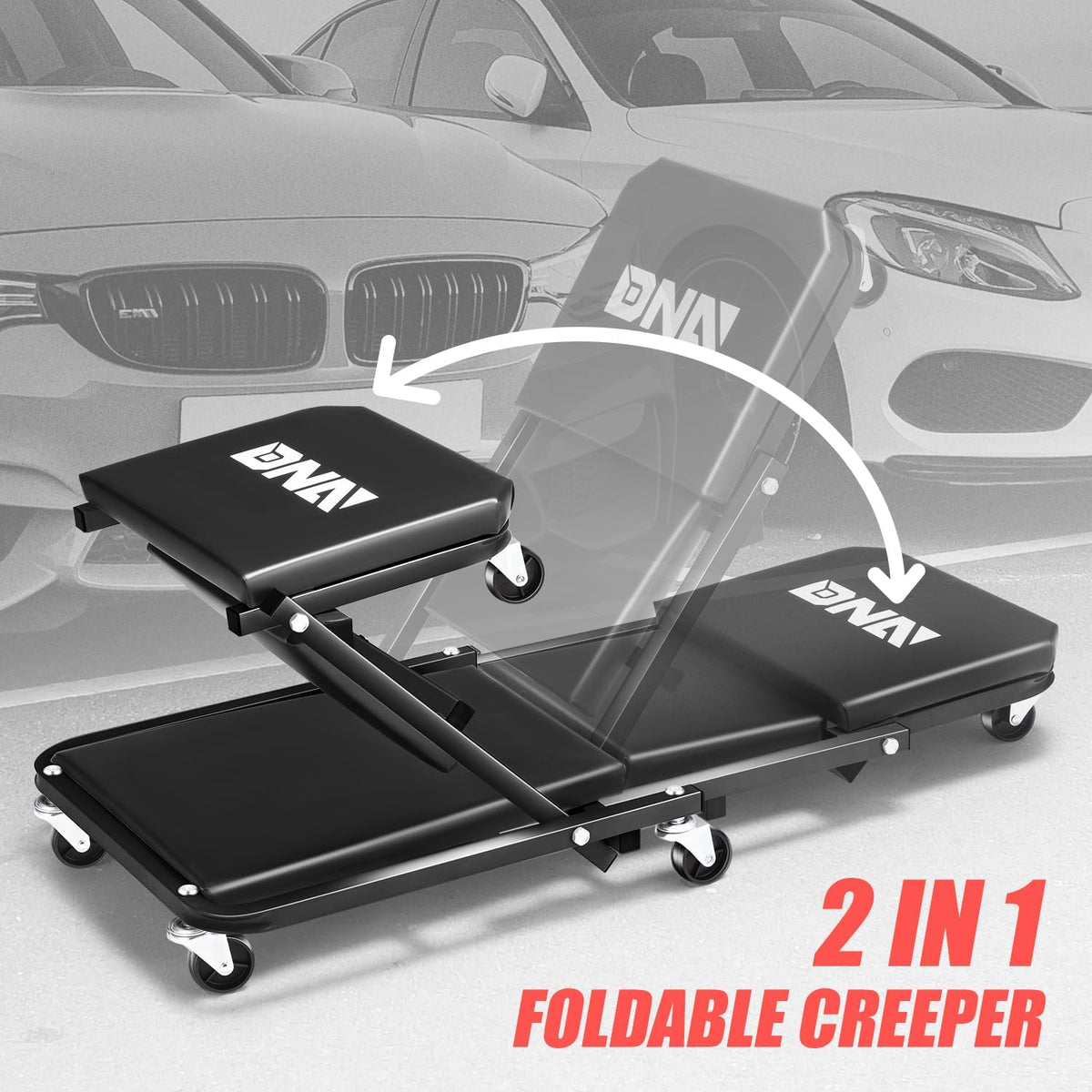 DNA MOTORING 36 Inches Folding 2 in 1 Rolling Z Creeper, Adjustable Roller Garage Chair Lay Down or Sit, 6 Pcs Casters, 330 LBS / 150kg Weight Capacity, Black, TOOLS-00493