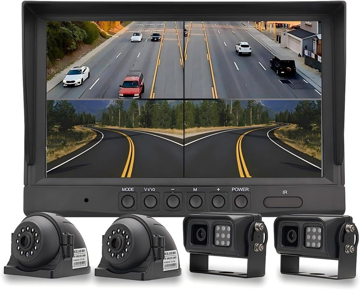EVERSECU Car Backup Cameras System with 9'' Quad Split Monitor for RV Trailer Semi Truck Camper Bus & 4 AHD 1080P Rear&Side View Cameras with DVR Record Function Night Vision IP69 Waterproof