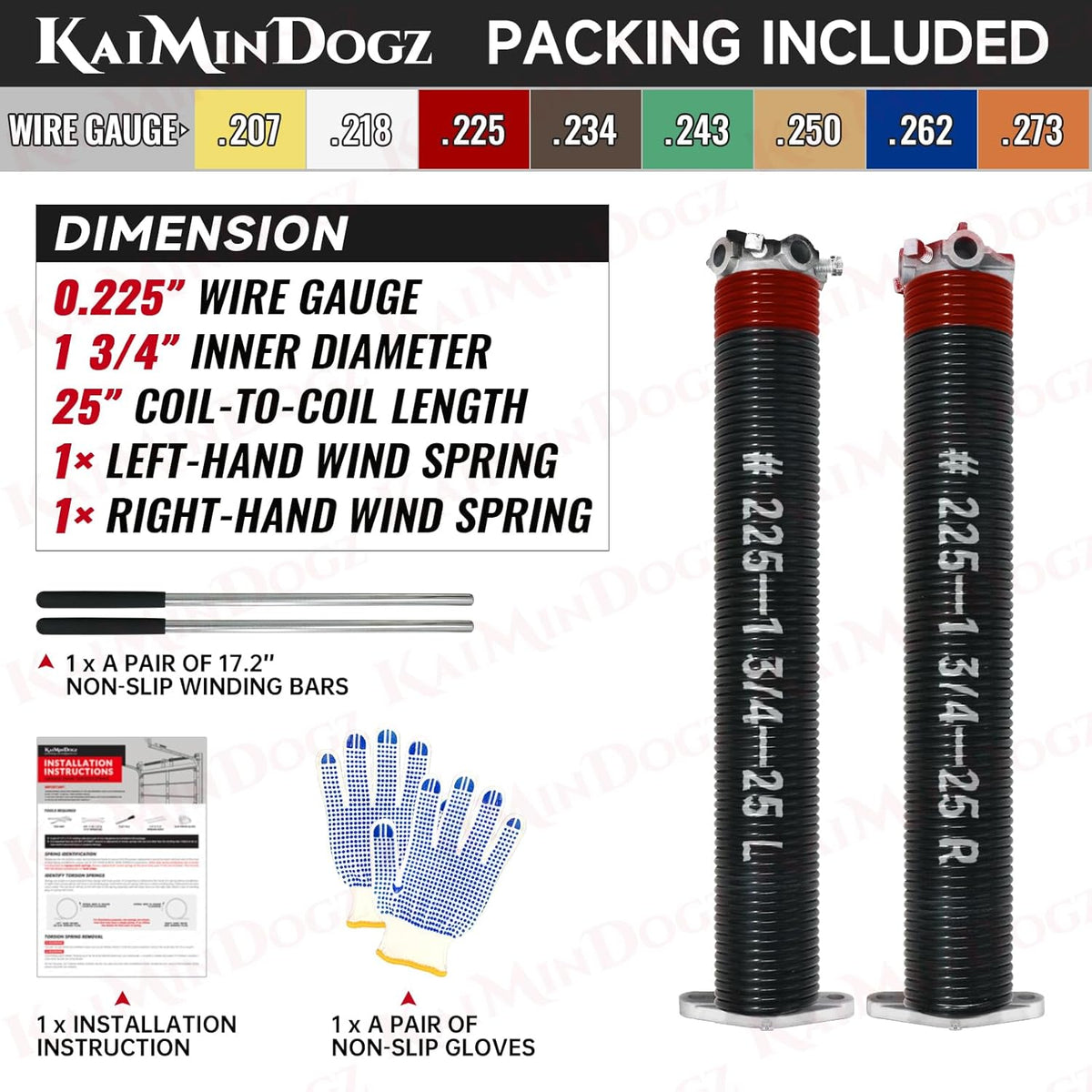 Pair of 1.75" Garage Door Torsion Springs Set with Non-Slip Winding Bars&Gloves, High Precision Electrophoresis Oil-Free Black Coated for Replacement, MIN 16,000 Cycles (0.225 x 1.75"x 25")