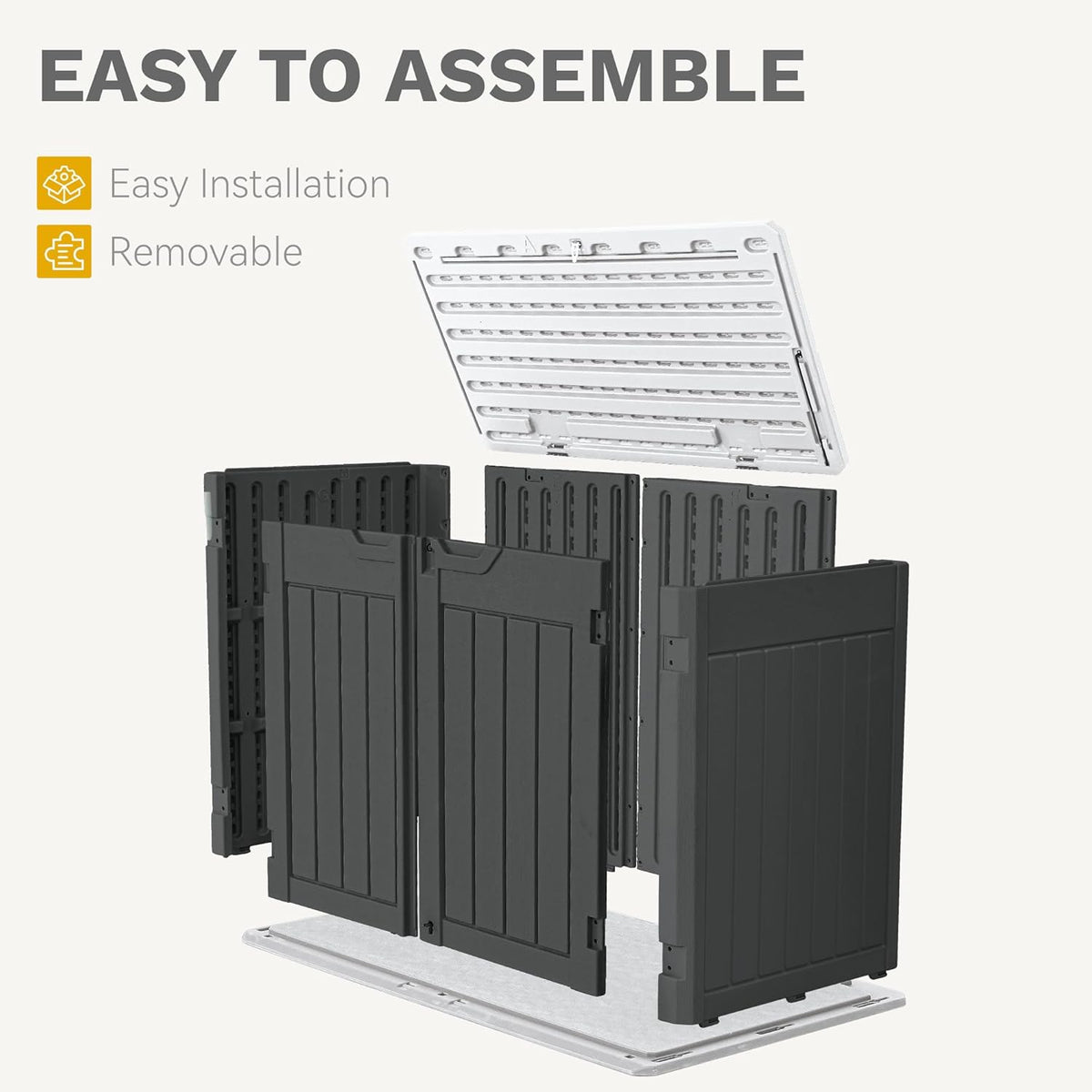 DWVO 47 cu ft Spacious Horizontal Storage Unit, Outdoor Resin Tool Locker Without Shelf, Waterproof Lockable Container with Base for Gardening, Waste Bins, Grass Cutter, 4.5x2.8x3.9 ft, Dark Gray