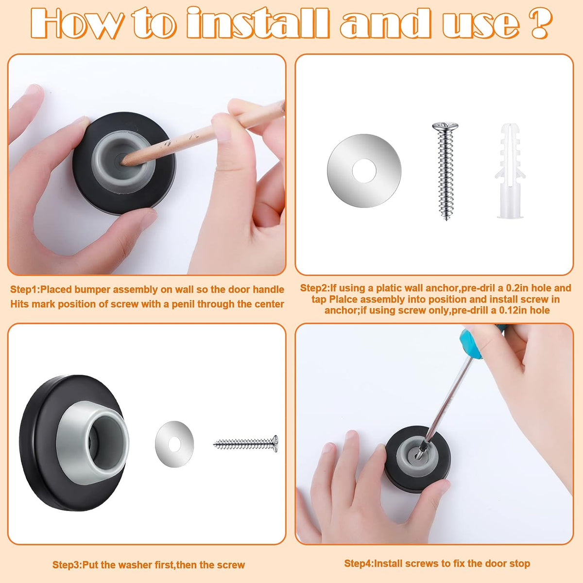Blulu Concave Wall Door Stopper Door Bumper Stainless Steel Wall Protector Flush Bumper with Grey Rubber Concave Knob Cover Stopper(Black,4 Pieces)
