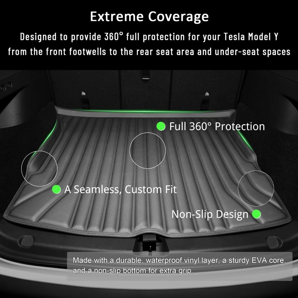 Floor Mats for Tesla Model Y（2021-2025） Custom Fit All Weather Cargo Liner Cargo Trunk，Full 360° Cabin Protection，GapZero Fit with TrackGuard Rail Protection (Does NOT fit 7-Seat & Juniper)