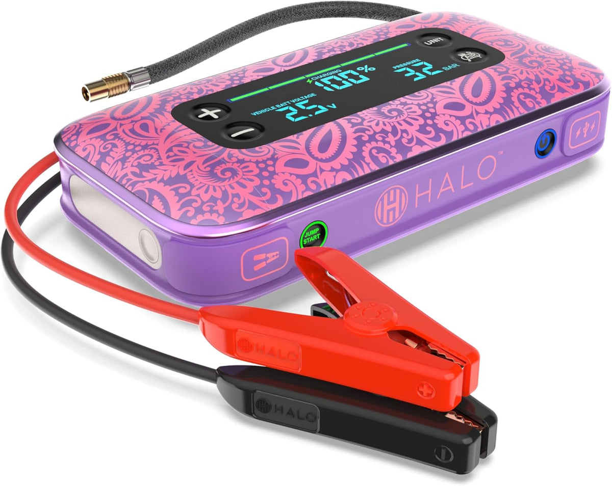 HALO Bolt Air+ 1750 Portable Car Battery Jump Starter | 130 PSI Air Compressor, 59.9Wh USB Power Bank, Large Display, Emergency Floodlight & Charger, Jumps Cars SUVs & Trucks, Inflates Tires — Purple