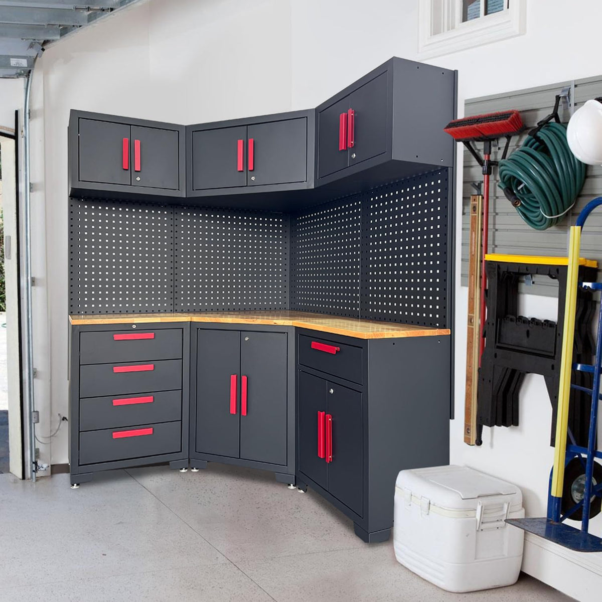 Corner Workshop Set - 10-Pcs Garage Cabinets and Storage System with Corner Cabinet, Cabinet Drawers, Workbench, Pegboard for Tool Organization, Red and Black