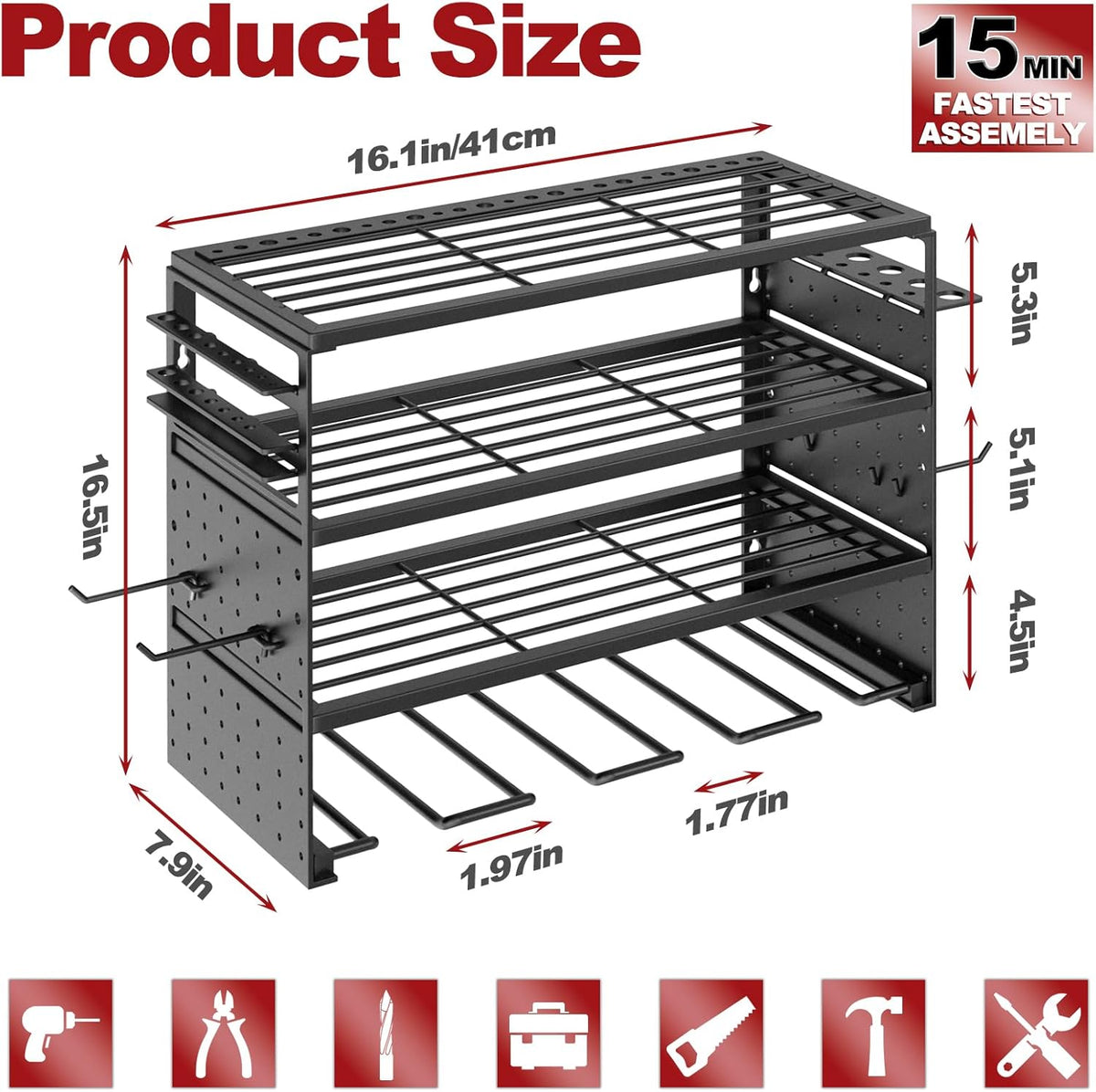 Power Tool Organizer Wall Mount - 4 Layer Metal Power Tool Storage Rack, Cordless Drill Holder with 4 Hooks, Utility Storage Rack for Garage Workshop Shed Pegboard