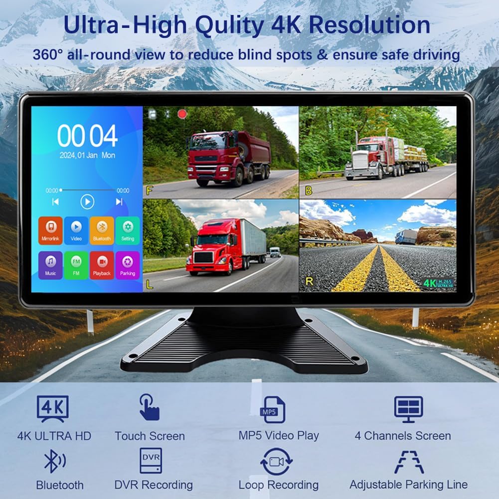 4K RV Backup Camera, 10.36" Touch Screen Monitor for Truck/Van/Trailer DVR Recording with Bluetooth FM MP5 IP69 Waterproof 1080P IR Night Vision Rear Side View Camera