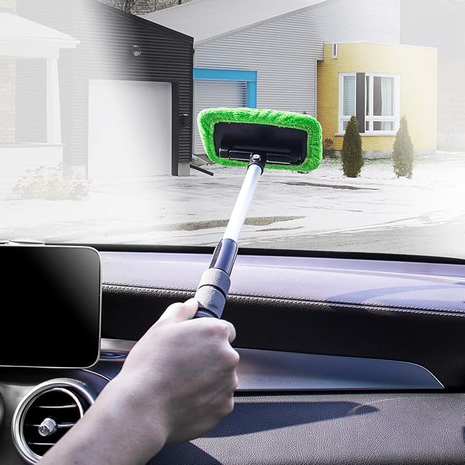 XINDELL Windshield Cleaning Tool for Car – Extendable Handle Window Cleaner with Reusable Microfiber Pads, Streak-Free Interior & Exterior Auto Glass Cleaner (Green)