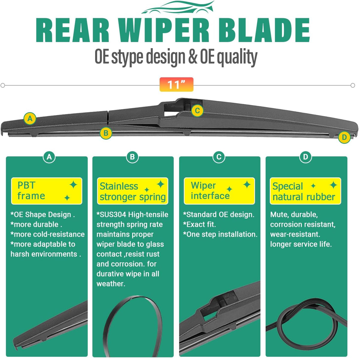 26" 16" 11" Windshield Wiper Blades Replacement for Hyundai Kona 2018 2019 2020 2021 2022 2023 Kona Electric Premium All Weather Front Rear Wipers Set - OEM Quality (Pack of 3)