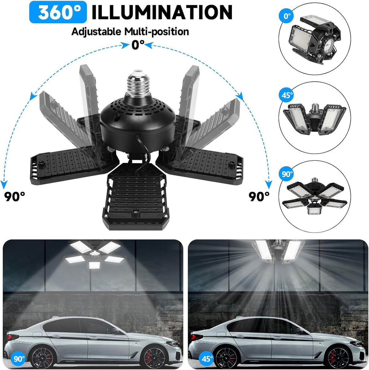 2-Pack LED Garage Lights - 160W, 16000LM 6500K with 5+1 Deformable Panels, Indoor Shop Light, E26/E27 for Garage, Warehouse, Shop, Basement