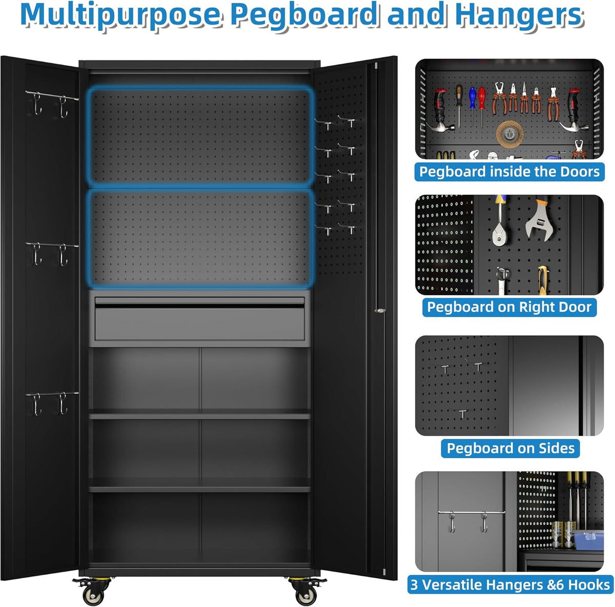 71" H Metal Garage Storage Cabinet with Locking Doors and 2 Adjustable Shelves, Rolling Tool Storage Cabinet with Wheels, Drawer, Pegboard and 16 Hooks for Garage, Warehouse, Black