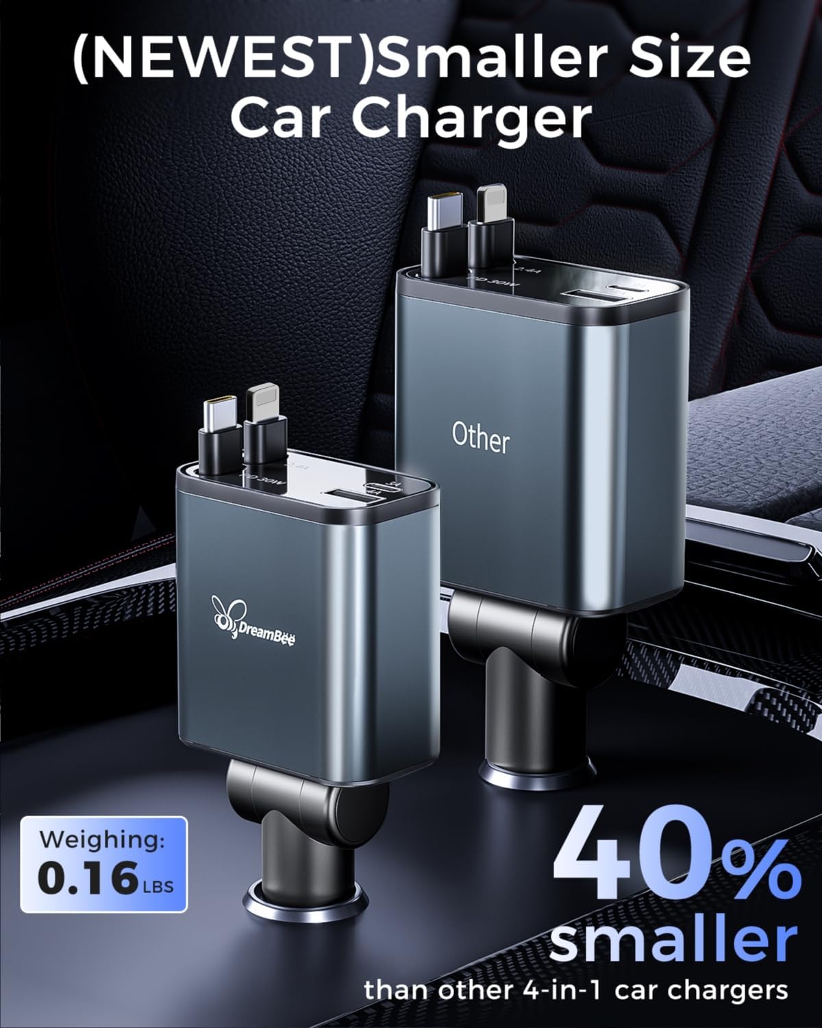 Retractable 70W USB Car Charger Adapter, 4 in 1 Fast Phone Charger, 2 Retractable Cords, USB C, Compatible with iPhone 16/15/15 Pro Max/14/13/12/11, Samsung