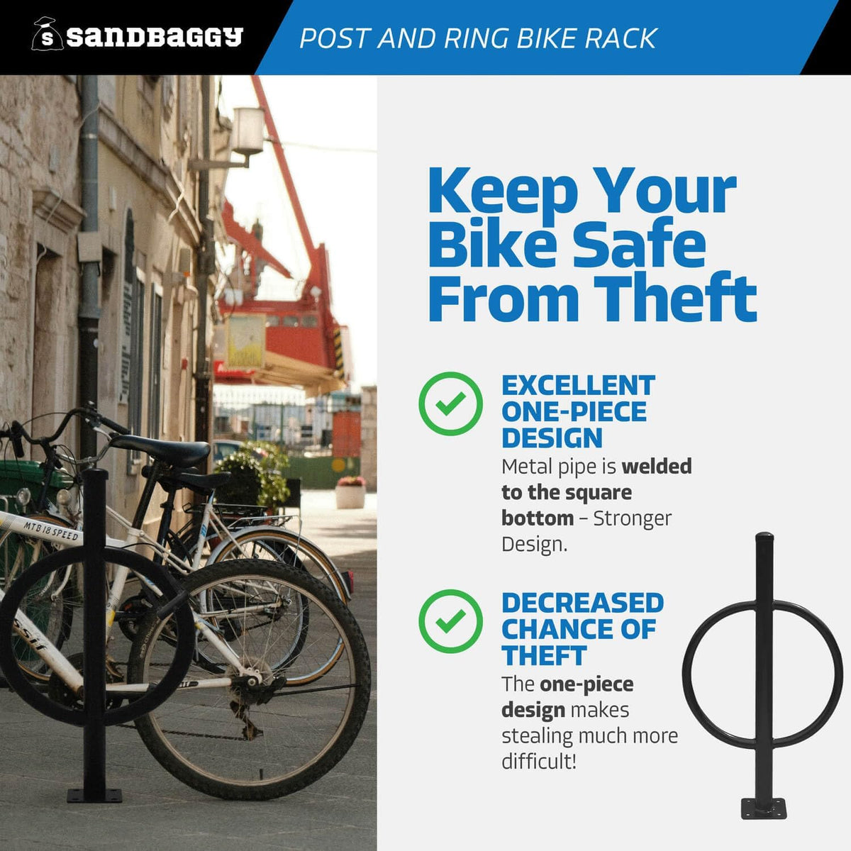 Sandbaggy Post and Ring Bike Rack - Commercial Bike Racks - Galvanized Steel - Anti-Theft Design - In Ground, Apartments, Sidewalks, Industrial (Green, 1)
