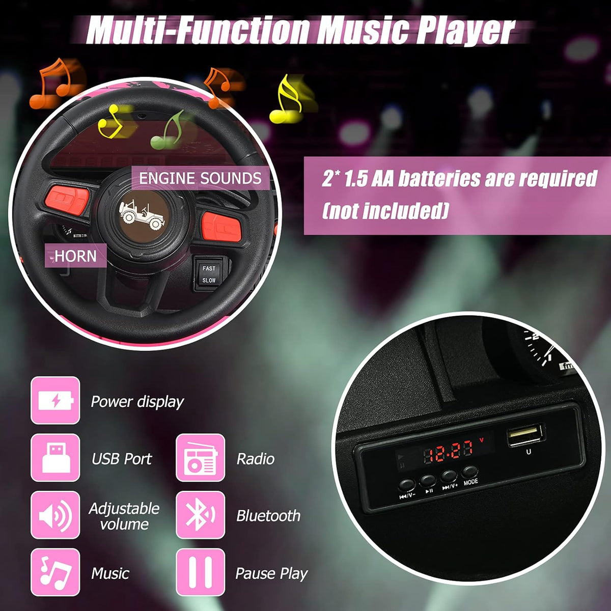 INFANS Ride on Car Truck with 2.4G Remote Control, 12V Battery Powered Electric Cars for Kids w/3 Speeds, Battery Display, LED Lights, Safety Belt, Music & Horn, Bluetooth/FM/USB (Pink)