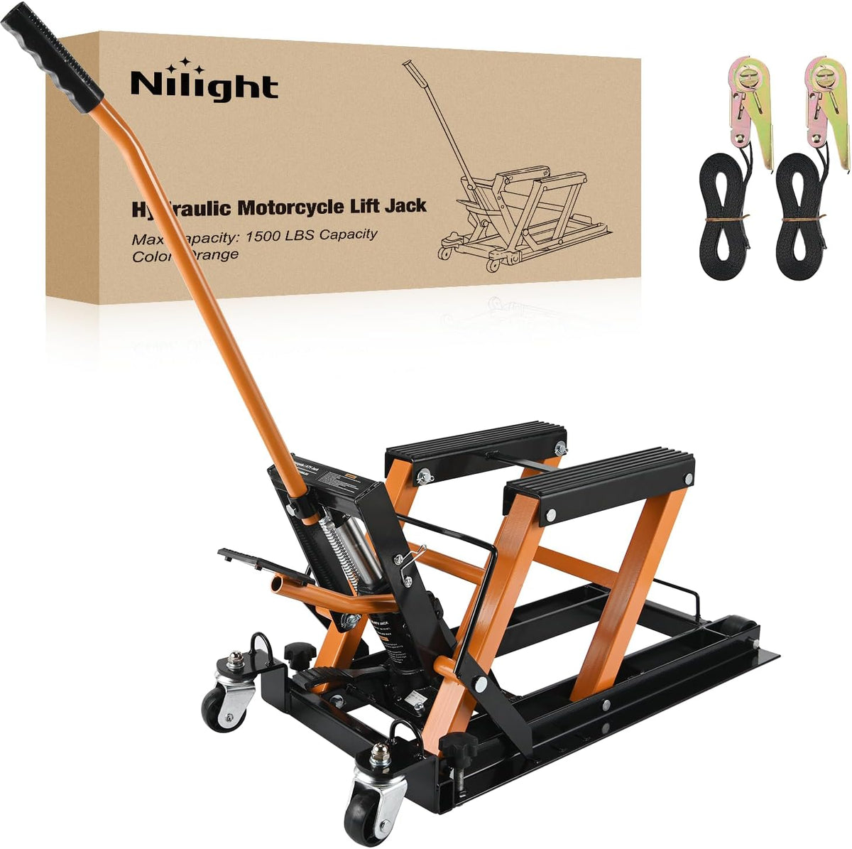Nilight Motorcycle Lift Jack 1500 LBS Hydraulic Lifts ATV Scissor Jacks with Wheel Foot Pedal Handle Ratchet Belt Heavy Duty Lifter Stand Hoist Table for Dirt Bike Garage Storage Repair Tool,Orange