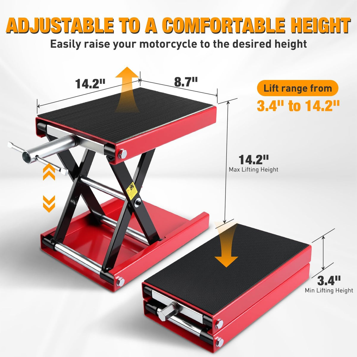 Nilight Motorcycle Lift Jack 1100 LBS Scissor Jack Stand Lift from 3.4" to 14.2" with Wide Deck Crank Handle Steel Scissor Hoist Garage Repair Lifter Table Jacks for Motorcycles ATV Dirt Bike, Red