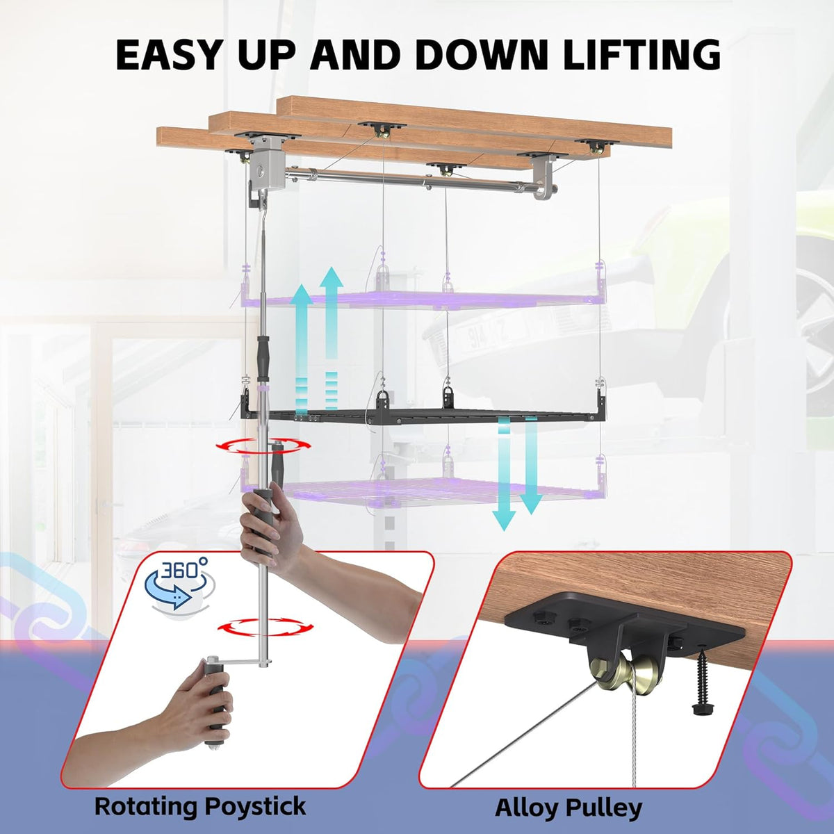 4x4FT Ceiling Storage Racks Lift,Overhead Garage Storage Rack,Adjustable Organization System,Workshops or Basements(Black)