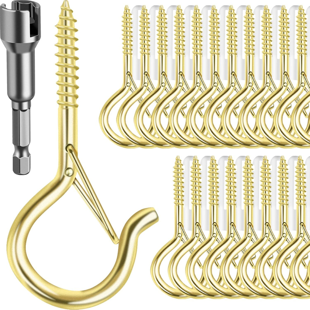 24 PCS Q-Hanger Hooks, Screw Hooks for Outdoor String Lights, Safety Buckle Design Cup Eye Hook for Hanging Christmas Lights, Plants, Mounted on Wall Ceiling, Include 1 Wing Nut Driver, Gold