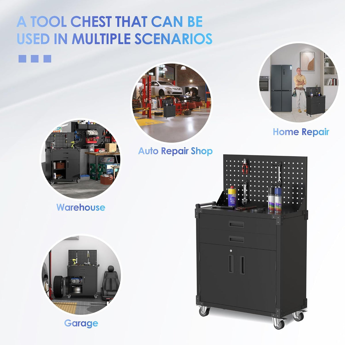 Tool Chest, Tool Cart with 2 Drawer and Lockable Doors, Garage Storage Cabinet with Wheels, Pegboard and 4 Hooks for Garage, Workshop, Metal Tool Storage Cart