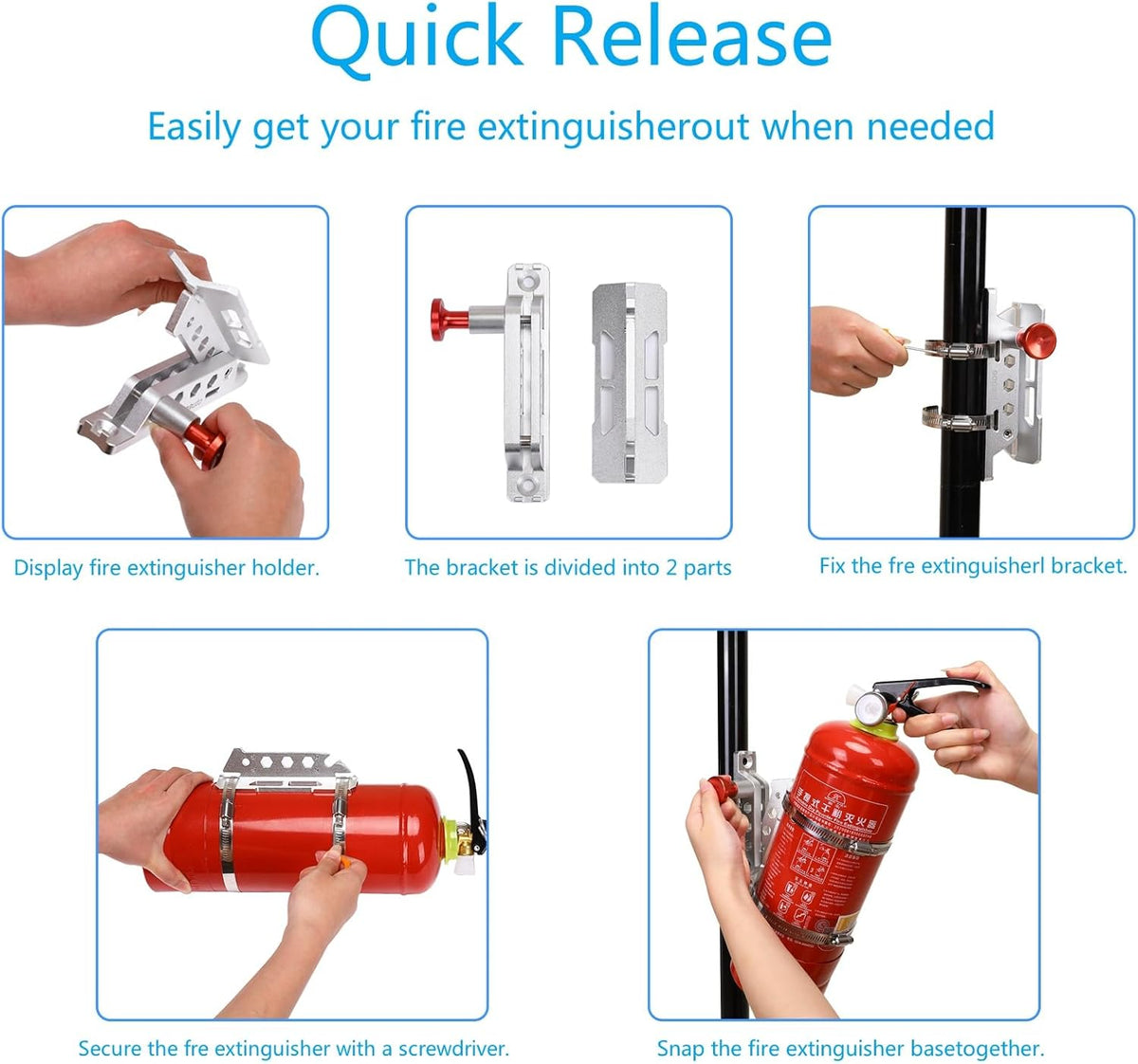 Vehicle Fire Extinguisher Mount Bracket, Aluminum Adjustable Quick Release Roll Bar Fire Extinguisher Bottle Mount with 8 Clamps, Compatible with Jeep Wrangler JK TJ Rubicon UTV, Silver