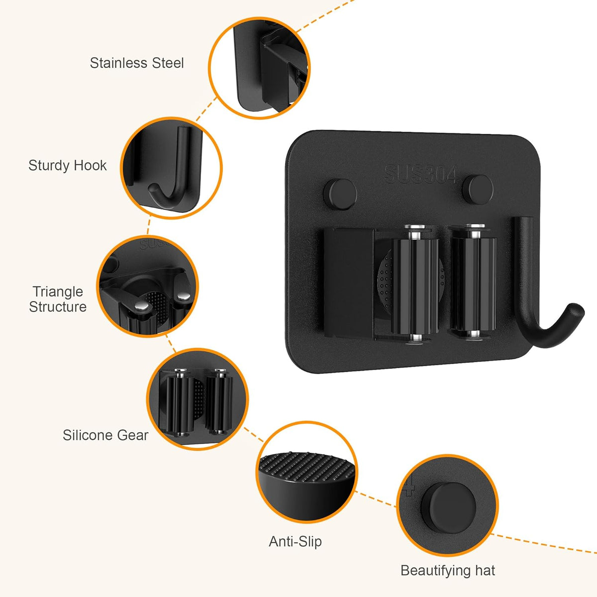 4 Pack Stainless Steel Broom Holder Wall Mount with Hook, Screw Drilling Broom and Mop Organizer Wall Hanging, Heavy Duty Storage Rack for Laundry Garage Closet Garden Tool Organizer, Black