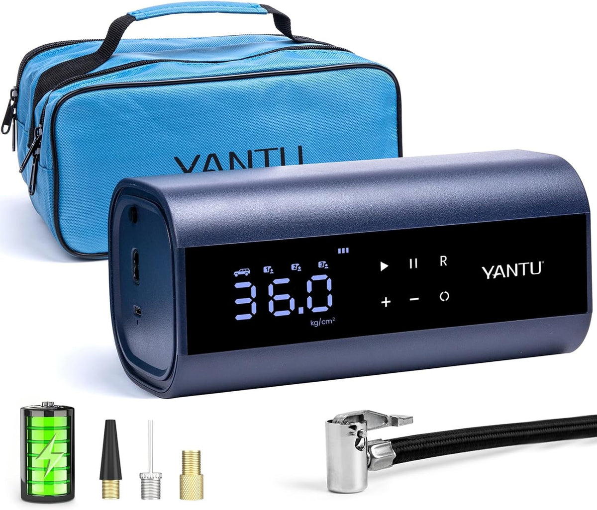 YANTU Dual Cylinder Tire Inflator Portable Air Compressor With 8.3-Inch Large Digital Screen,12V Cordless/battery powered Car Air Pump For Car Tires，Electric Auto Shut Off for Truck/Bike/Pickup/Moto