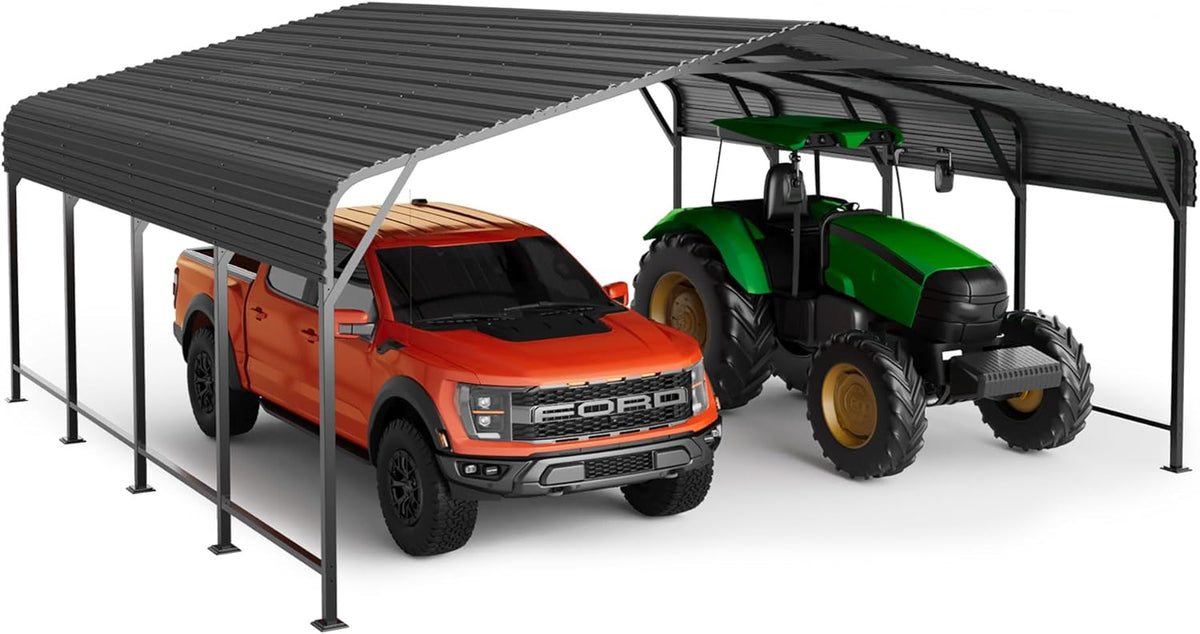 20x20 FT Metal Carport, Enhanced Base and Steel Roof for All-Weather Use, Outdoor Heavy Duty Garage Galvanized Car Shelter for Bass Boats, Full-Sized Pickup Trucks, and Tractors