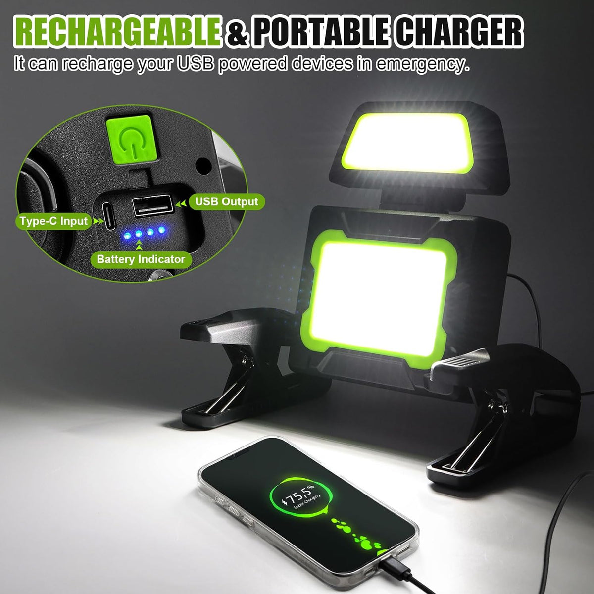 Rechargeable Work Light with Clamp, 3000 Lumen Magnetic Work Light Battery Powered with 5 Light Modes, 350° Rotation, Portable Job Site Lighting for Construction Site, Workshop, Car Repairing
