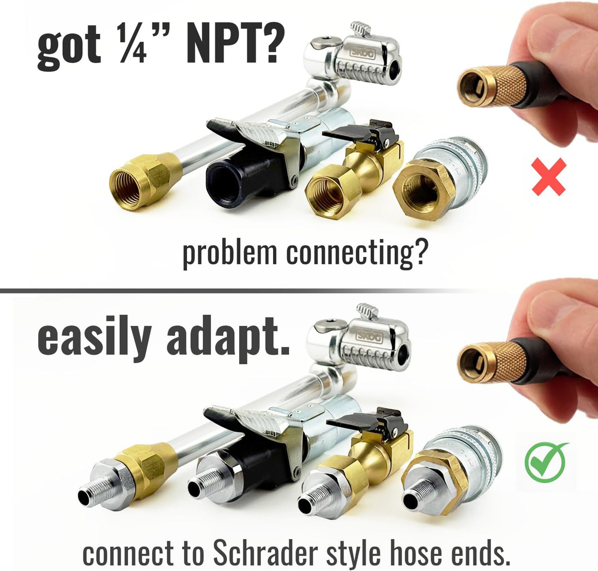Self-Sealing Tire Inflator Adapter (2 Pack) – 1/4” NPT Male to Schrader Valve, Leak-Free O-Ring, No Tape Needed