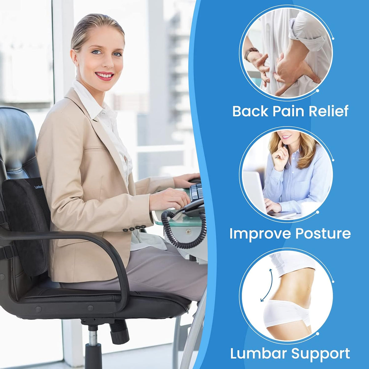Lumbar Support Pillow for Office Chair Back Support Lumbar Pillow for Car, Gaming, Office Chair - Improve Sitting Posture & Back Pain Relief, Memory Foam, Adjustable Straps, Fluffy Black