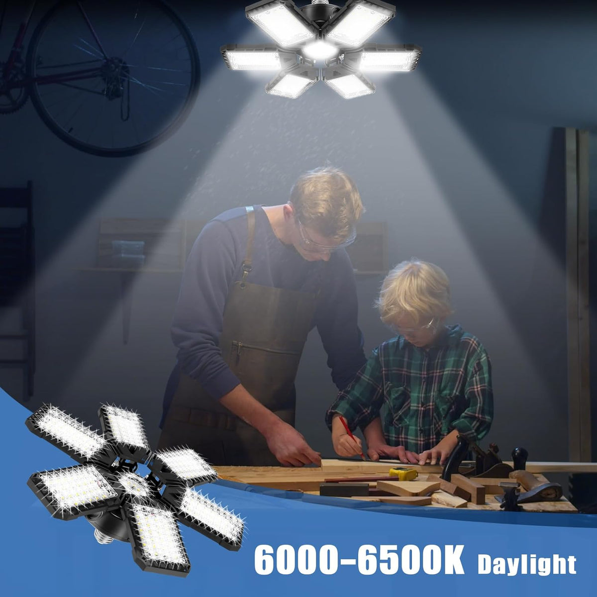 LED Garage Lights 4 Pack -180W, 18000LM 6500K Led Shop Light with 6+1 Deformable Panels, Basement Barn Light Garage Ceiling Lights, E26/E27 for Garages, Warehouse, Shop