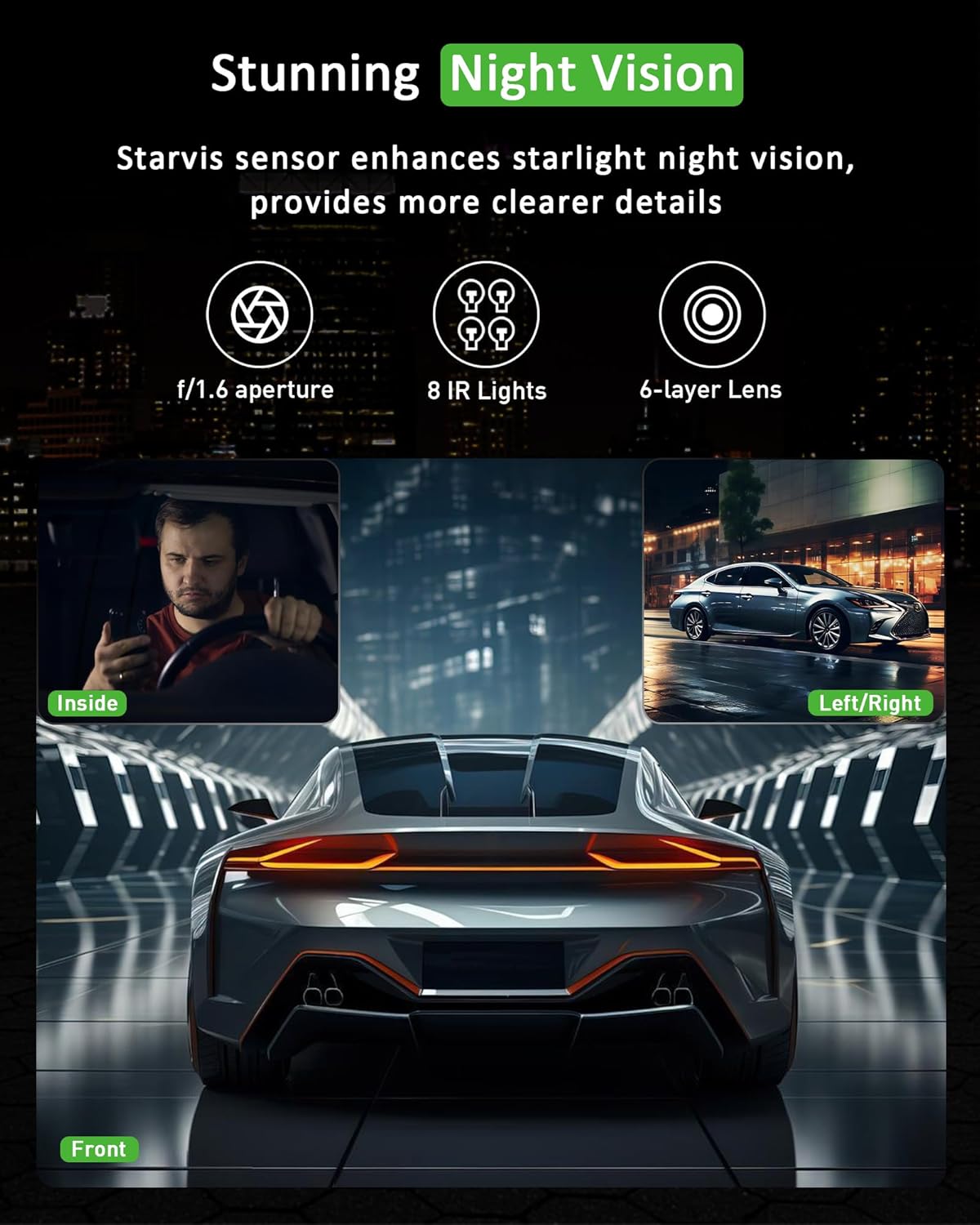 3 Channel 1080P Dash Cam Front and Inside Left/Right, Free 32G Card, Dash Camera Loop Recording, Triple Camera for Cars 24 Hours/7 Parking Monitor, Wide Angle, IR Night Vision, with G-Sensor, Black
