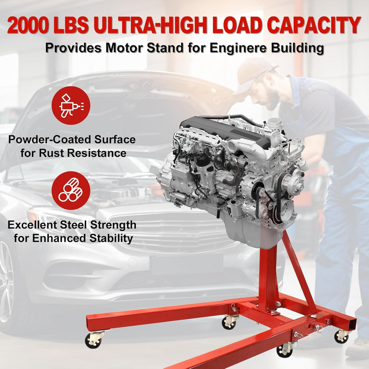Engine Stand 2000LBS Capacity, Steel Rotating Engine Stand with 6 Casters, 360 Degree Rotating Rotating Engine Run Stand, Heavy Duty Engine Stand for Garages, Vehicle Maintenance Auto Repair, Red