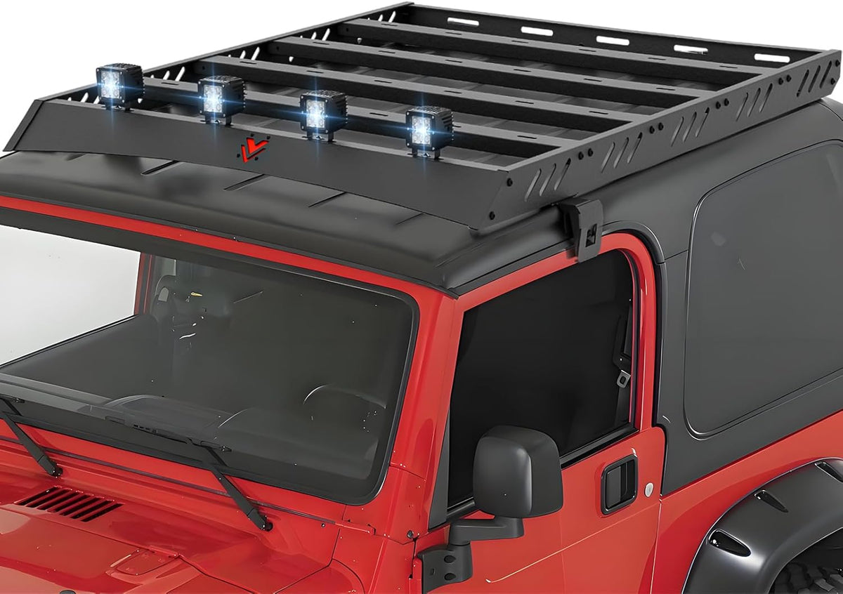 Roof Rack Cargo Basket with 4PCS LED Light Bar Compatible for 1997-2006 Jeep Wrangler TJ 2 Doors Hardtop, Luggage Racks Rooftop Storage Carrier (Black)