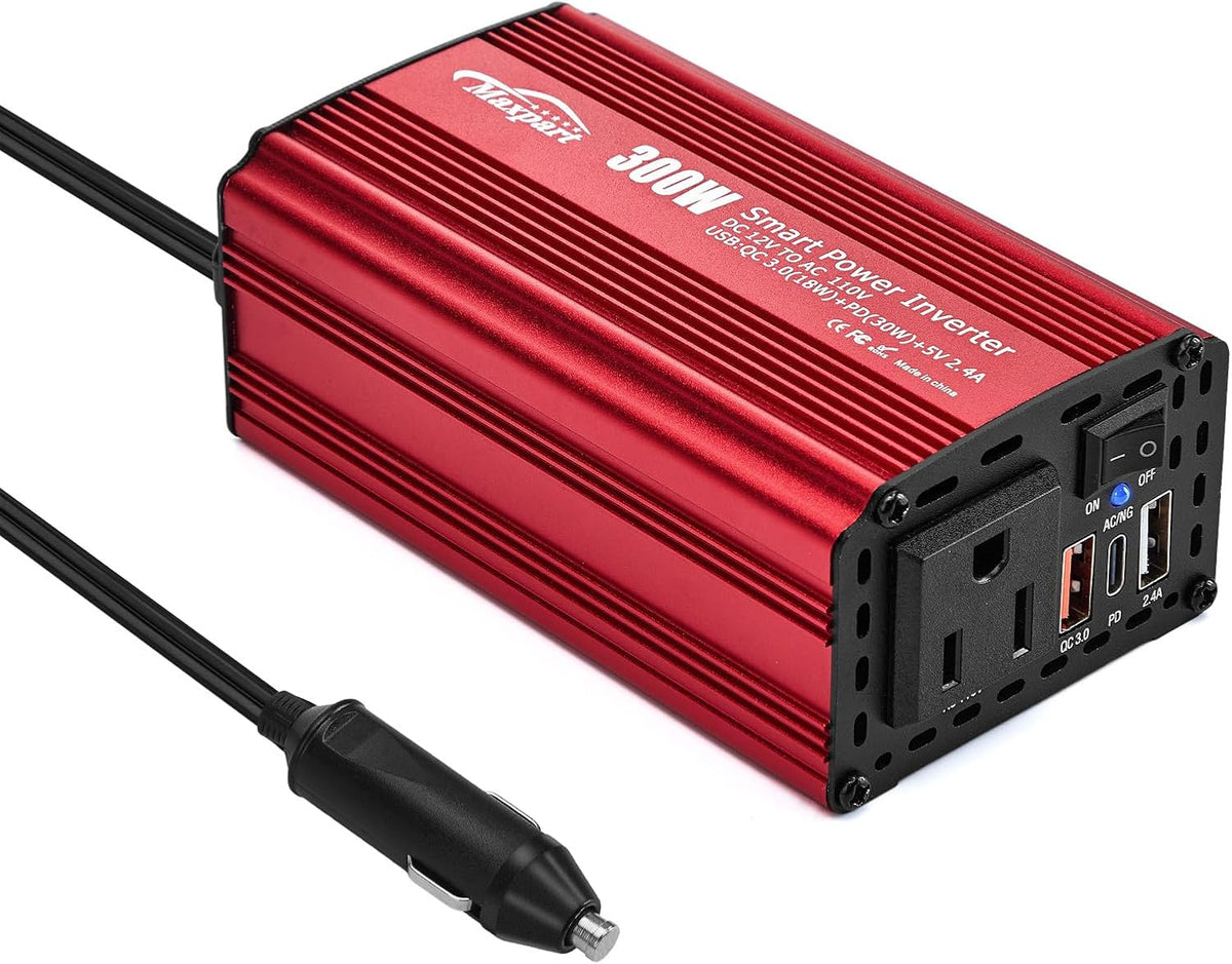 300W Car Power Inverter,12V DC to 110V AC Inverter Converter for Vehicles, PD (Type-C) QC3.0 and 2.4A USB Car Adapter with Cigarette Lighter Ports for Smartphones Laptops Tablets