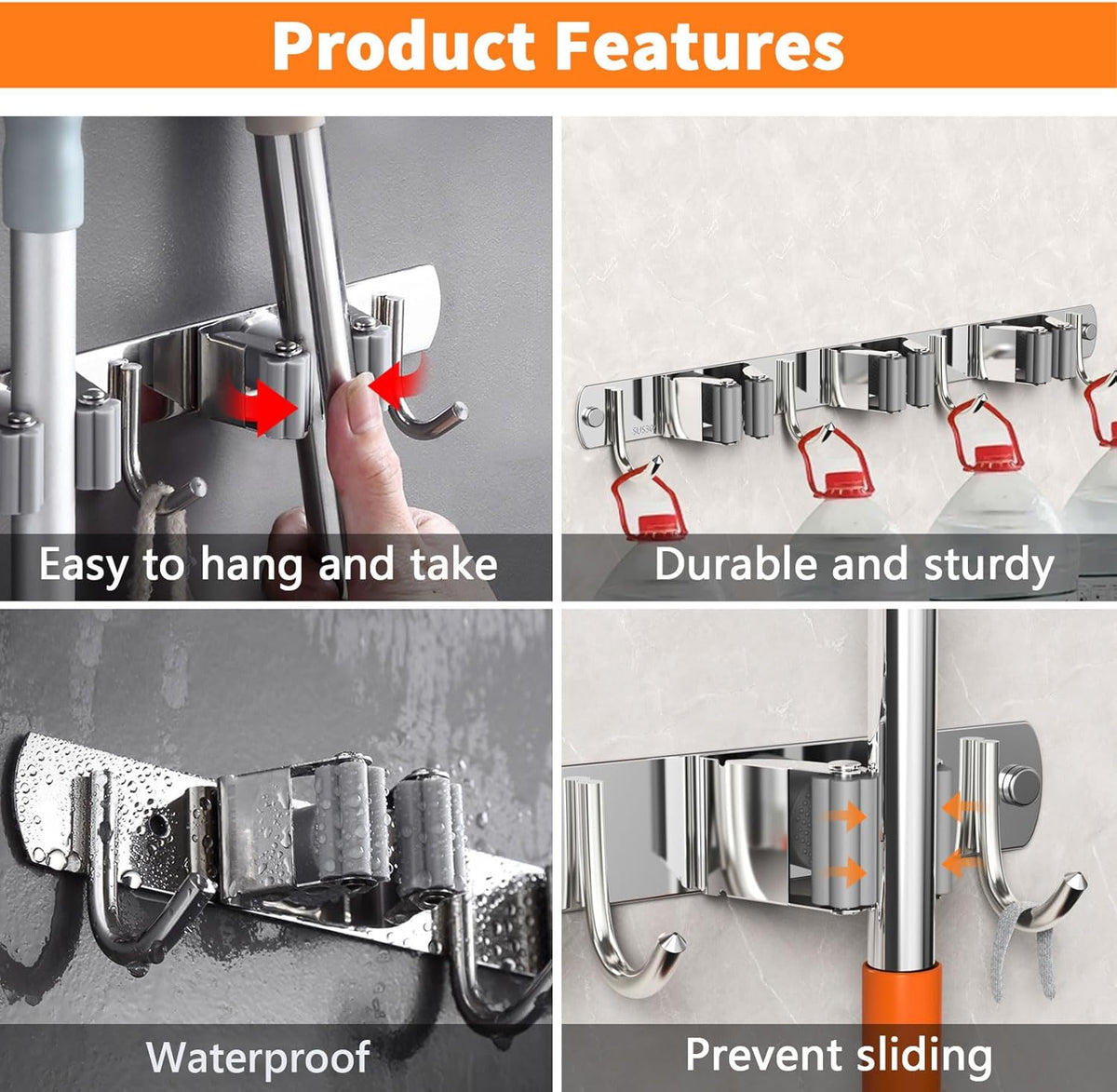 Broom and Mop Organizer Wall Hanging, Upgraded Mop and Broom Holder Wall Mount, Stainless Steel Broom Hanger Wall Mount for Laundry Room Organization and Storage（5 Racks with 4 Hooks）