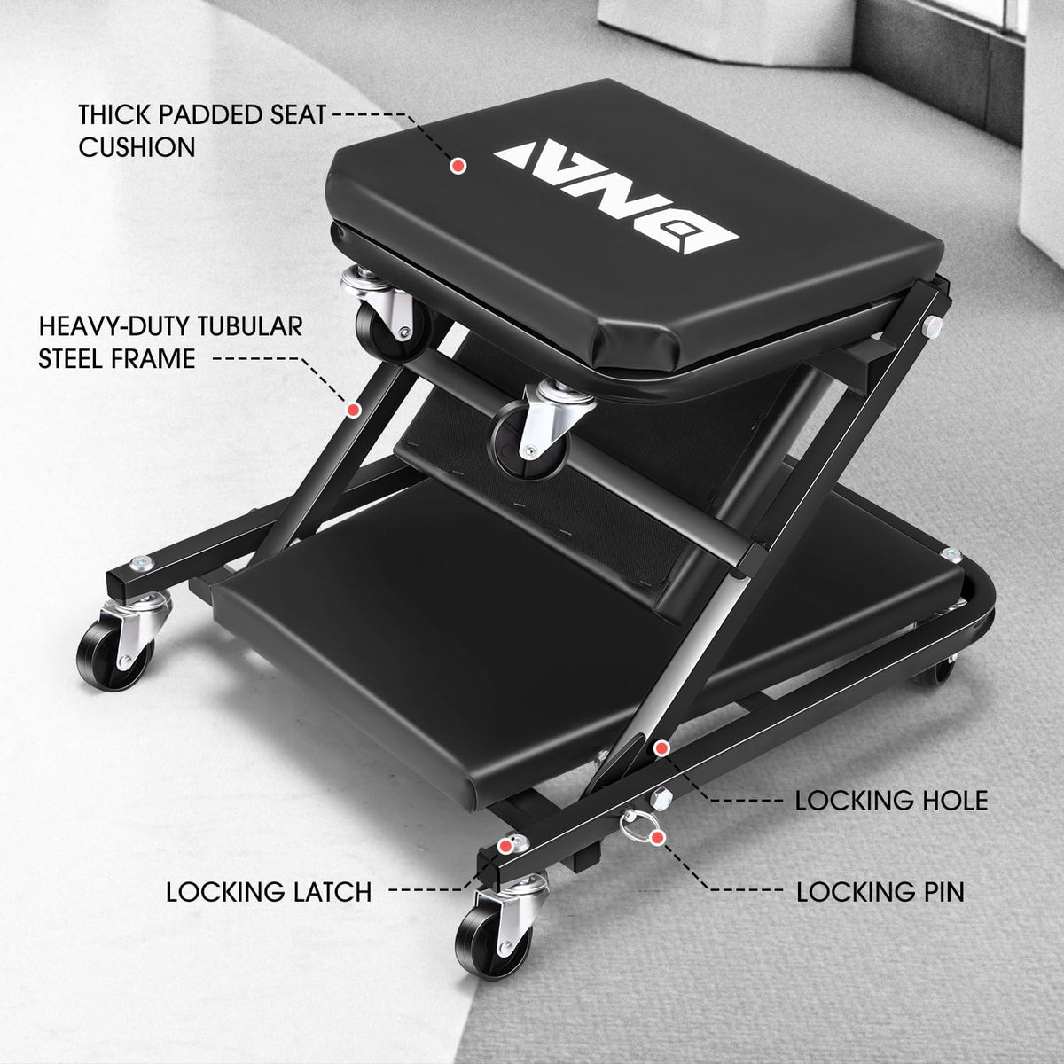 DNA MOTORING 36 Inches Folding 2 in 1 Rolling Z Creeper, Adjustable Roller Garage Chair Lay Down or Sit, 6 Pcs Casters, 330 LBS / 150kg Weight Capacity, Black, TOOLS-00493