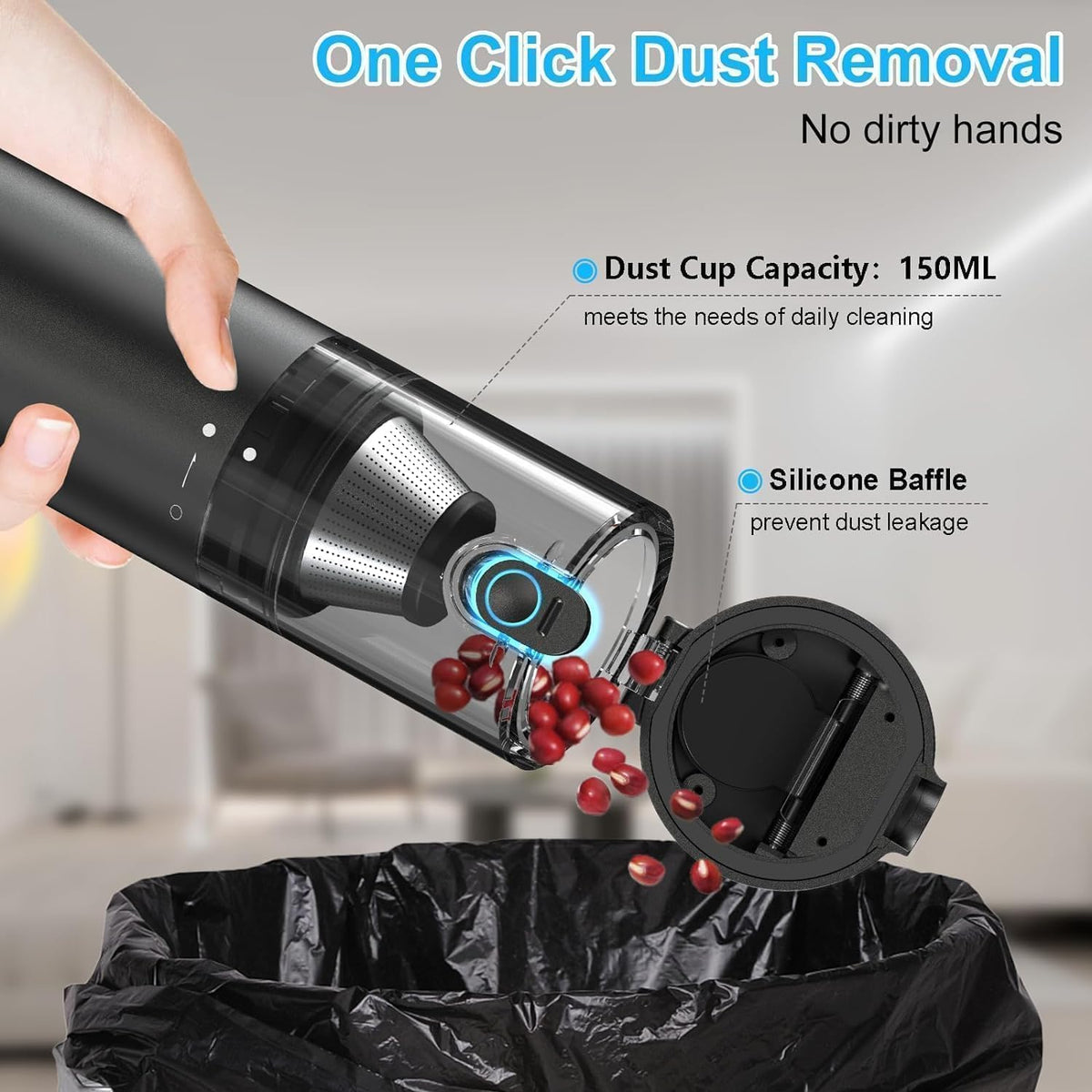 Handheld Vacuum Cordless, 16000pa Car Vacuum Cleaner High Power, 2 Speed Modes Mini Vacuum Cleaner with 2 Filters, Car Vacuum Portable Cordless with Air Blower for Home Office Pet Hair
