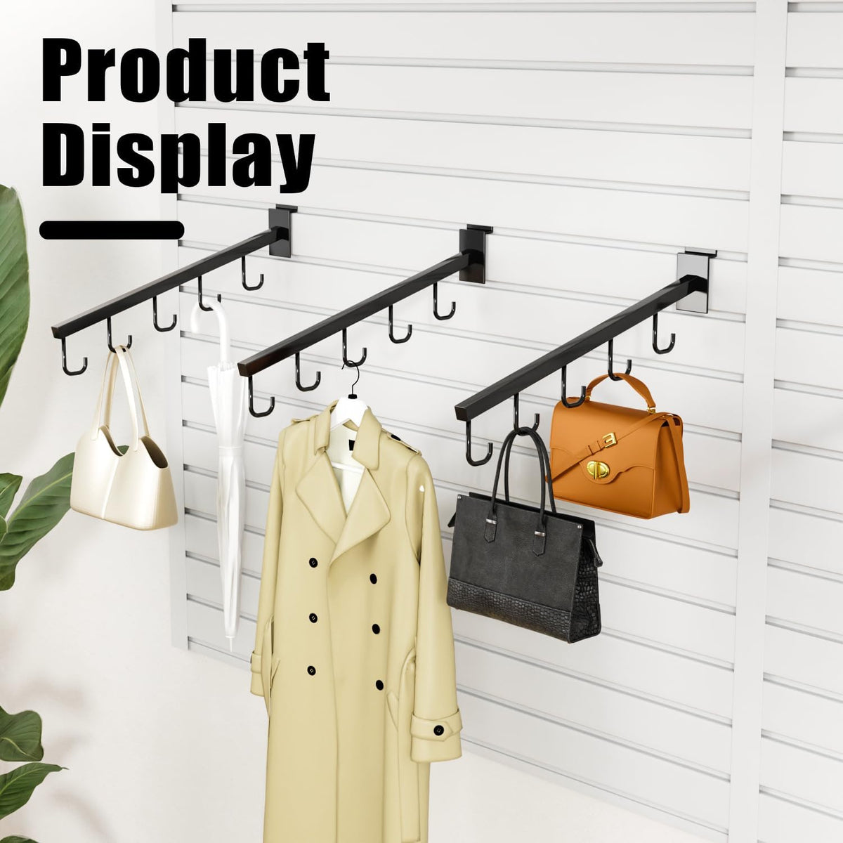 10-Pack 17-Inch Slatwall Waterfall Display Hooks with 5 J-Hooks – Black Slanted Arm Rack for Hanging Apparel, Bags & Accessories
