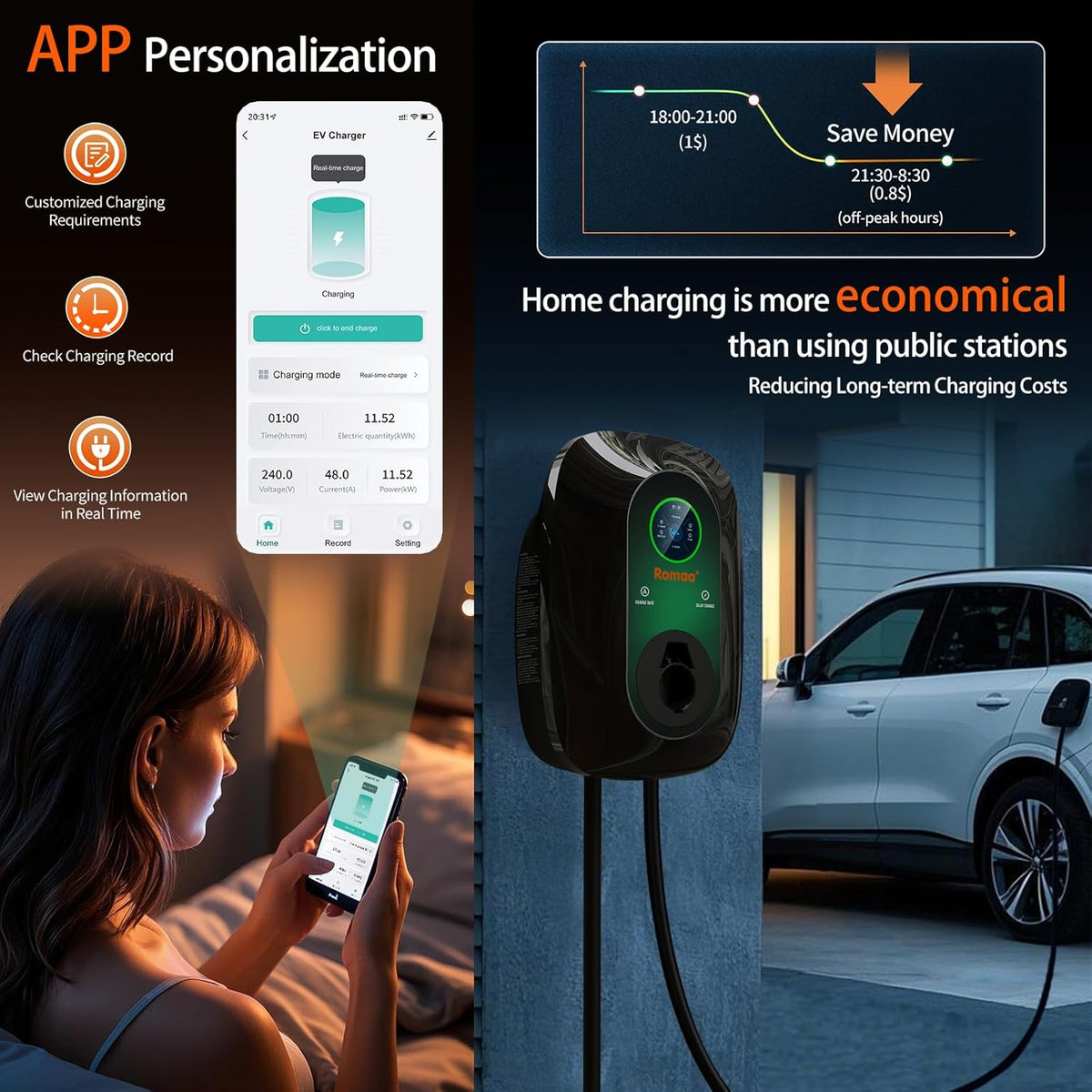 Level 2 EV Charger, 48 Amp 240V Hardwired Fast Charging, Smart WiFi Control, Adjustable Current, Delay Timer, 25ft Cable, J1772 Charger, EV Chargers for Home Level 2, LCD Display, Black