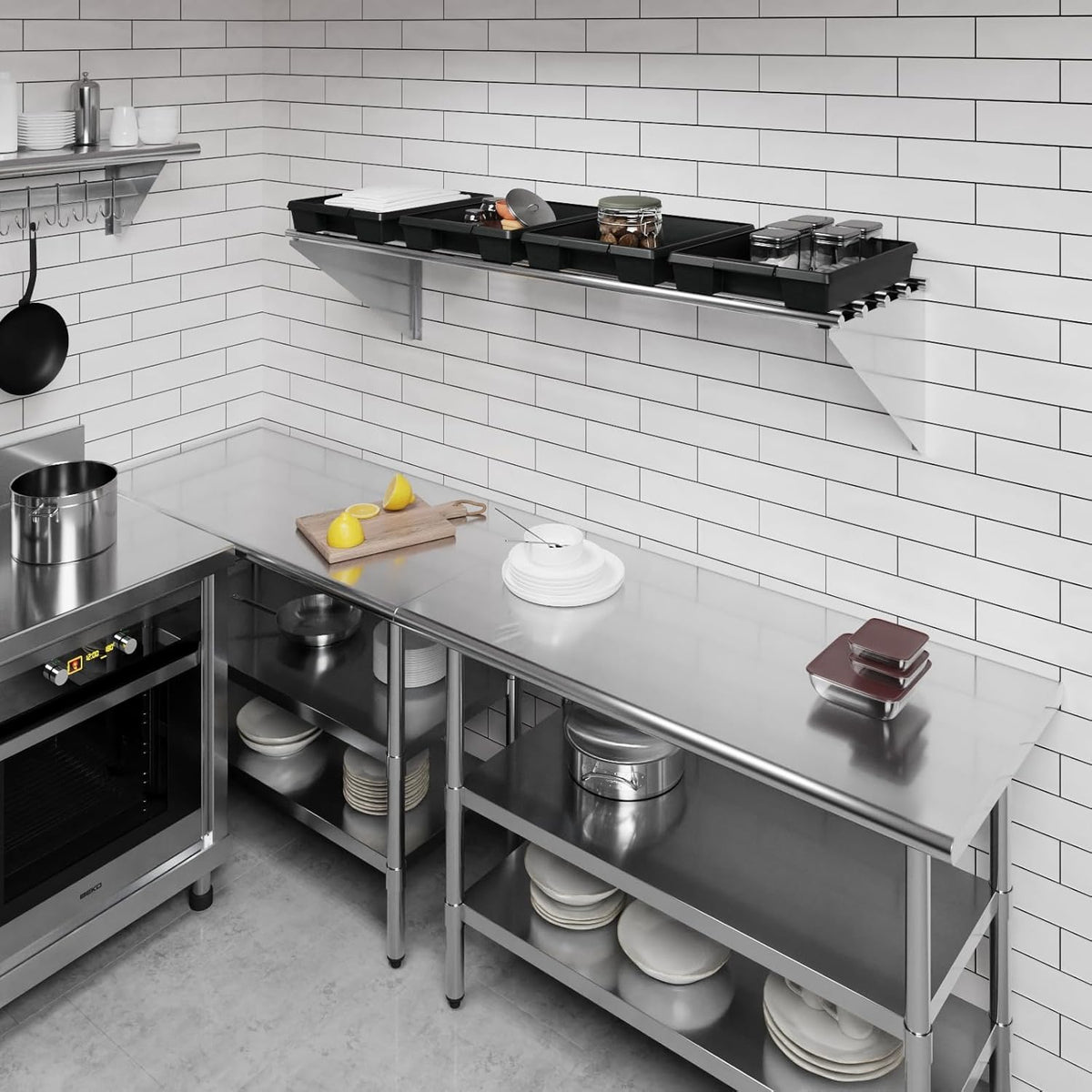 AmGood 18 in. x 60 in. NSF Stainless Steel Tubular Wall Shelf | Heavy-Duty Metal Shelving for Appliances & Equipment | Ideal for Kitchen, Restaurant, Garage, Laundry, Utility Room