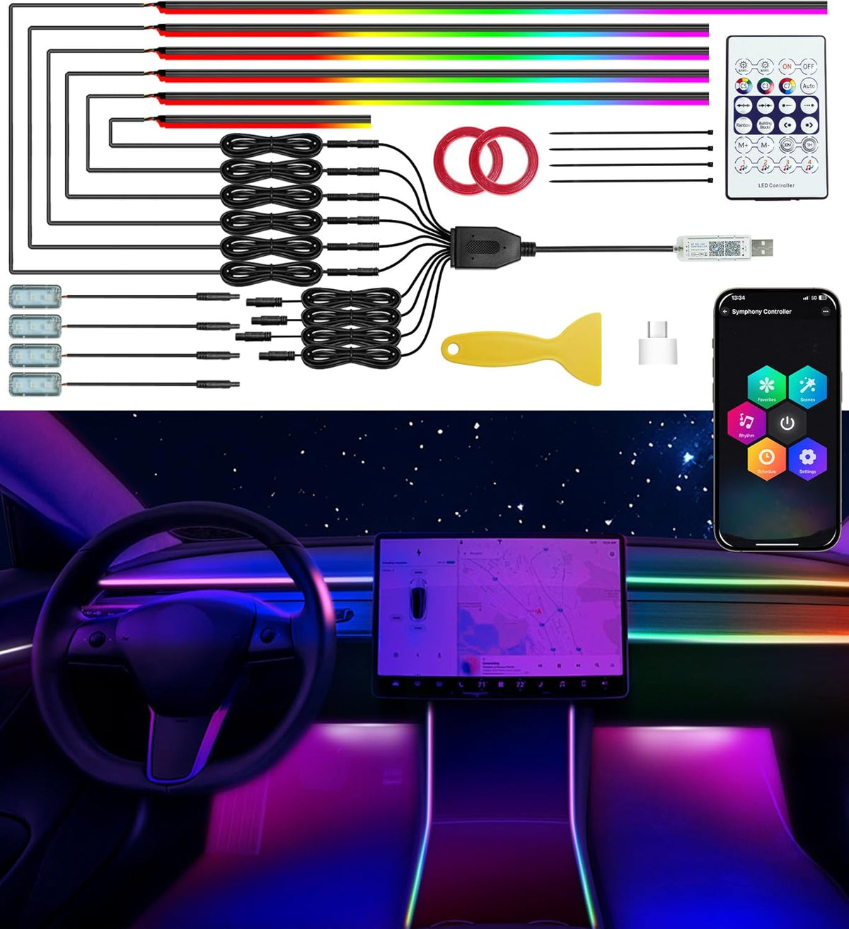 KENANEK Acrylic Interior Car LED Strip, 10 in 1 USB/Type C Interface Colorful 187-inch car Ambient Lights kit，Supporting Wireless Control Modes，with 16 Million Color Options