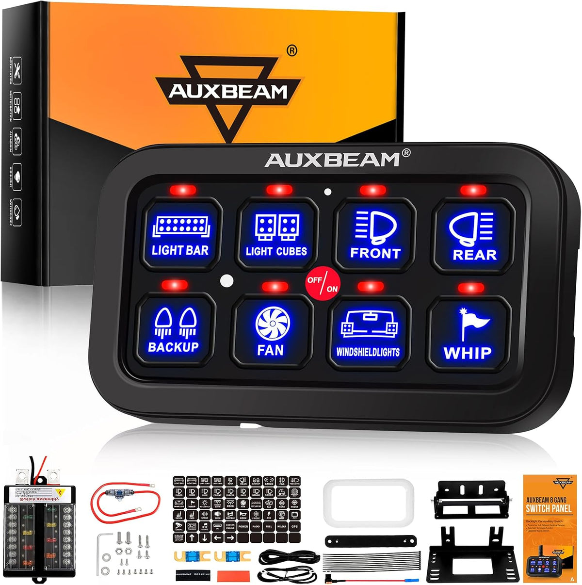 Auxbeam 8 Gang Switch Panel BB80, Universal Circuit Control Relay System Box with Automatic Dimmable On-Off LED Switch Pod Touch Switch Box for Car Pickup Truck Boat ATV UTV, Blue 2 Years Warranty