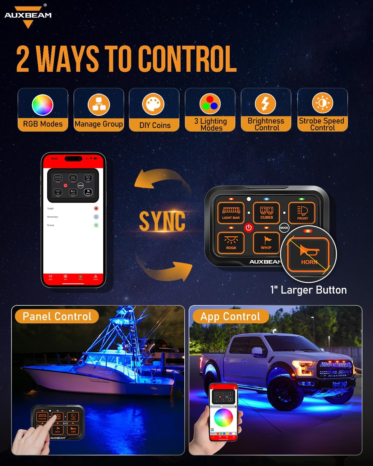 Auxbeam 6 Gang Switch Panel Bluetooth RGB AR-600 with Toggle Momentary Pulsed Modes Multifunctional Switch pod with Manual and Automatic Backlit Control Boat Switch Panel for Truck Car ATV Waterproof