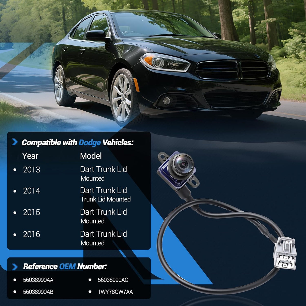 Rear View Backup Camera Parking Assist Camera Compatible with Dodge Dart 2013 2014 2015 2016, Replaces 56038990AA 56038990AB 56038990AC 1WY78GW7AA