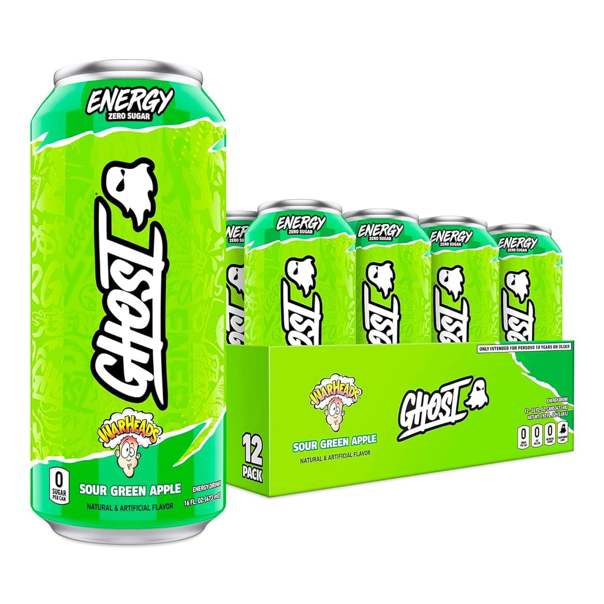GHOST Energy Drink - 12-Pack, Warheads Sour Green Apple, 16oz - Energy & Focus & No Artificial Colors - 200mg of Natural Caffeine, L-Carnitine & Taurine - Gluten-Free & Vegan