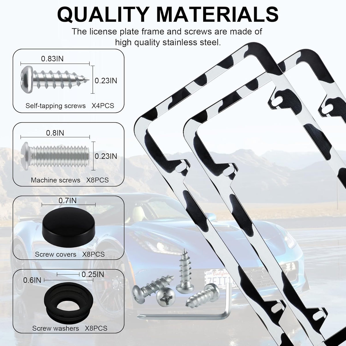 LivTee 4 Holes Stainless Steel License Plate Frames, 2 PCS Car Licence Plate Covers, Automotive Exterior Accessories Slim Design with Bolts Washer Caps for US Vehicles, Cow Spot