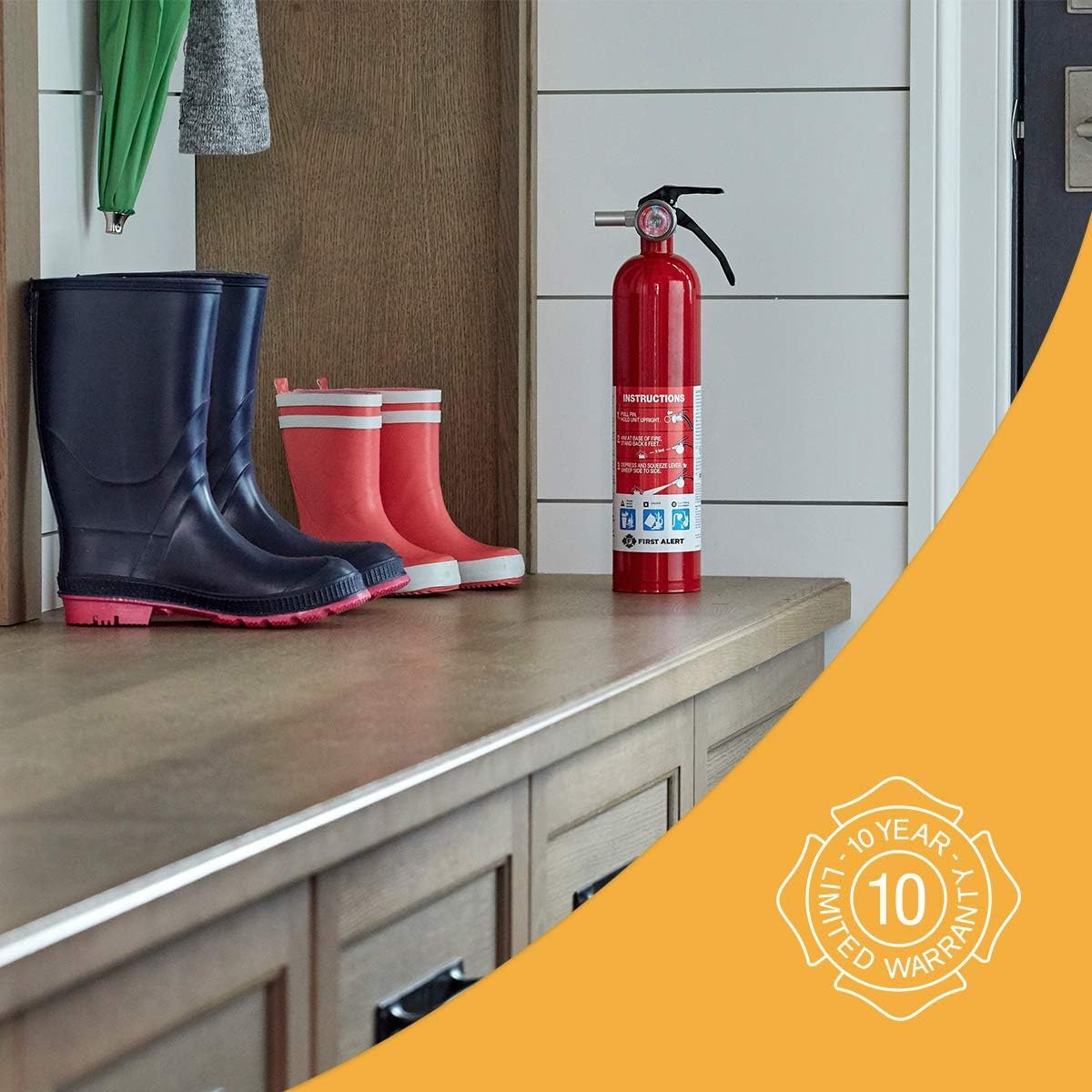 First Alert Fire Extinguisher for Home, Standard Rechargeable Compliance Unit, UL RATED 1-A:10-B:C, HOME1, Red, 1-Pack