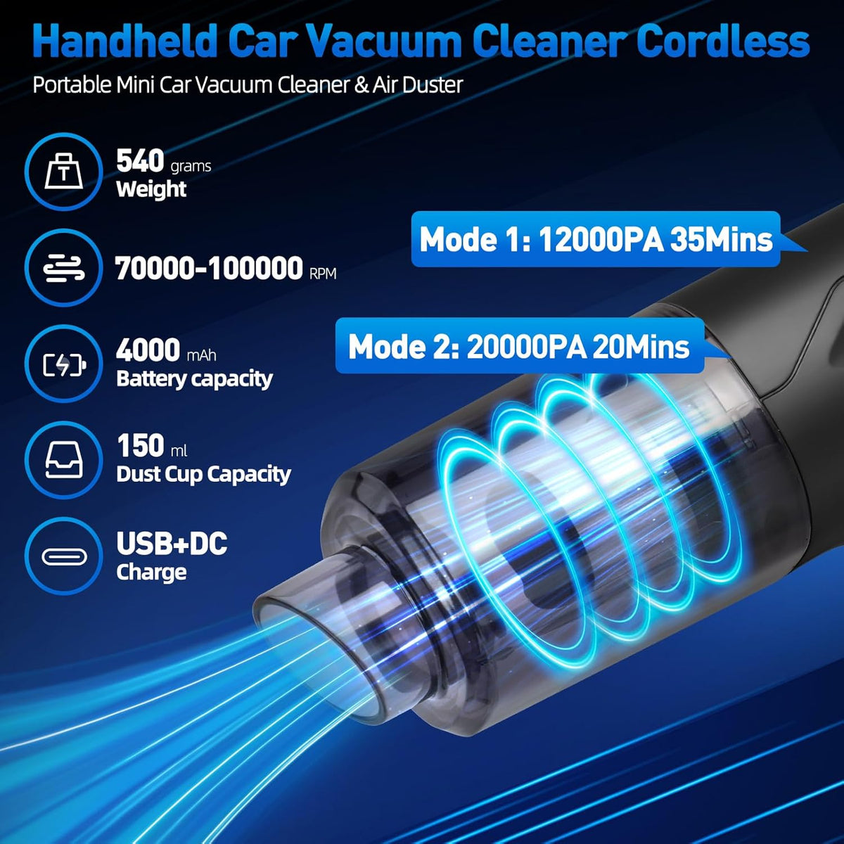 Handheld Car Vacuum Cleaner Cordless, High-Power Brushless 20000PA Mini Hand Held Cleaner with 8 Multi-Functional Nozzle & 2 Replaceable Filters, Portable Vacuum Cleaner for Car Office Pet Hair