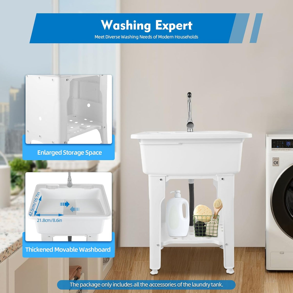 Freestanding Utility Sink Plastic Laundry Sink Spacious Laundry Tub Sink with Storage Shelf Indoor Outdoor Slop Sink Wash Station for Bathroom Laundry Washing Room (White, 25.6*21.65*31.5in)