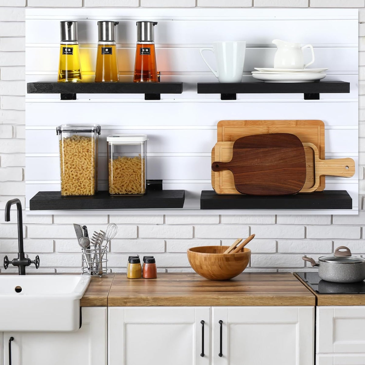 4 Pack Wooden Slatwall Shelf, 16.1" D x 6.7" W x 1.1" H Slatwall Shelves with Metal Hooks Organizer Set Mounted Accessories for Garage Home Workshop Workbench